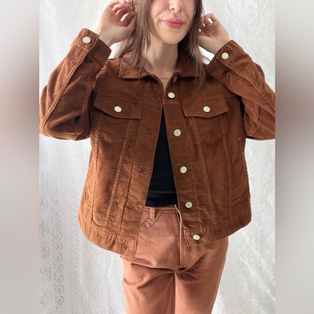 Vintage Y2K Gap Brown Corduroy Trucker Jacket Classic Cropped Layering - Picture 6 of 10
